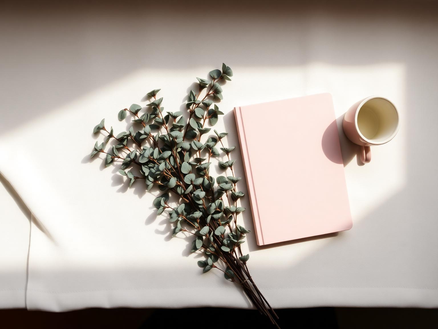 Calm minimal workspace with sage eucalyptus and blush notebook